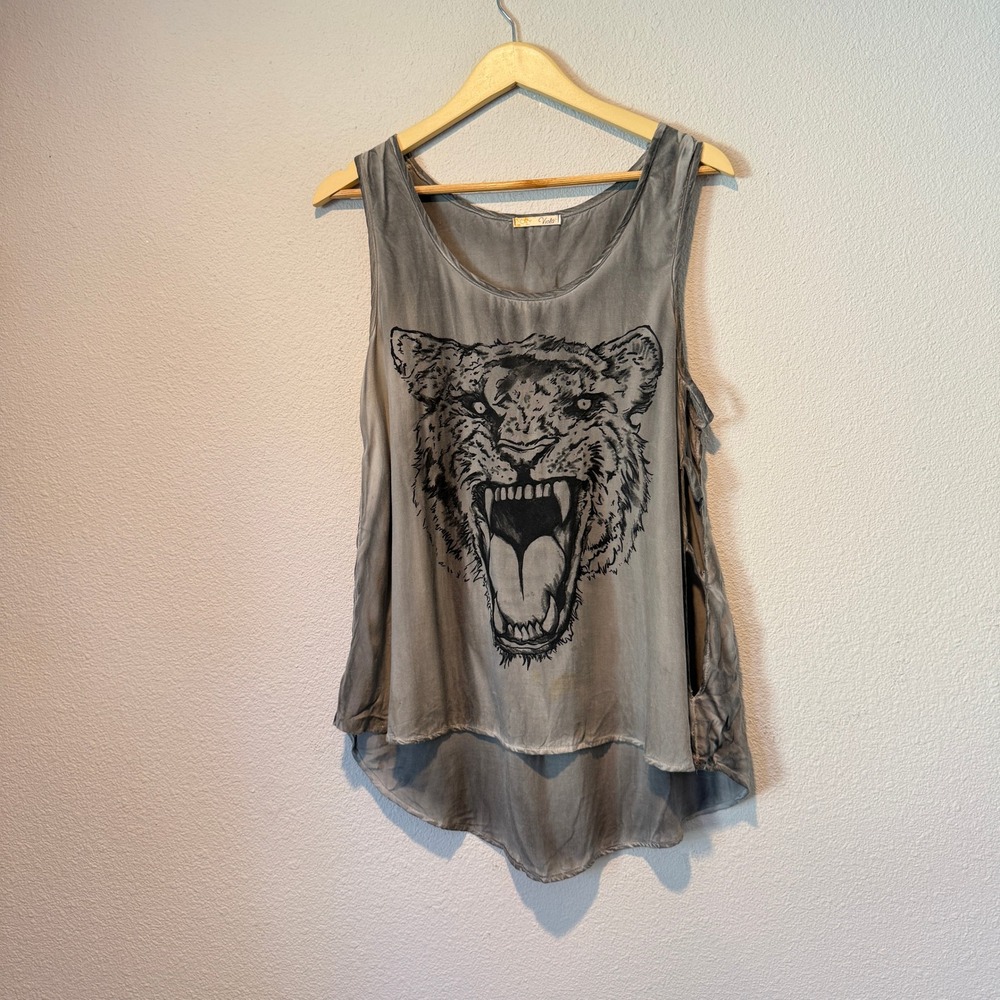 Viola Womens Gray Tiger Graphic Tank Top Shredded Sides Large T2849-A300